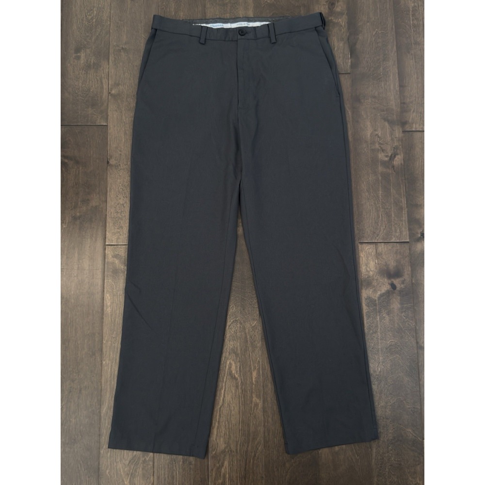 Haggar Cool 18 Pro Mens Flat Front Dress Pants 36X32 Dark Grey Expandable Waist